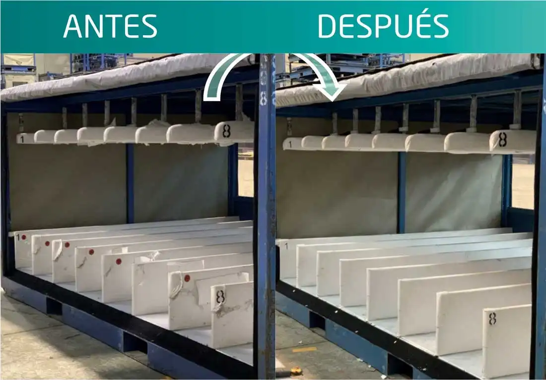 antes y después de contenedores textiles reparados mediante cosido o adhesivado  